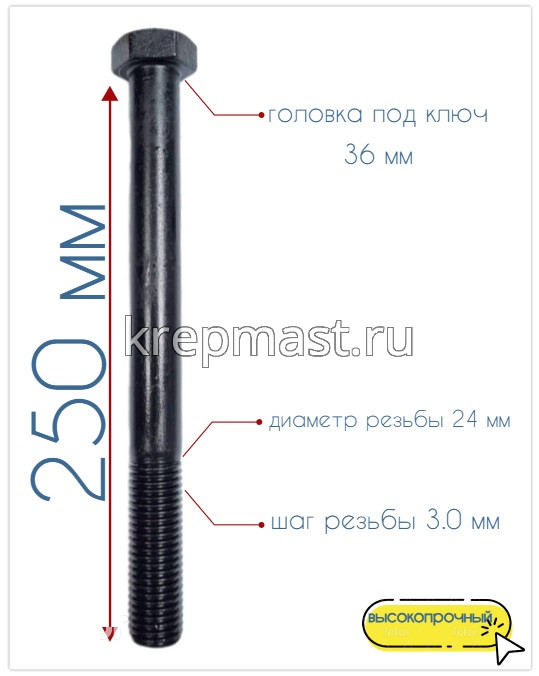Болт 24х250 кл.пр.10,9 черный н/р DIN 931